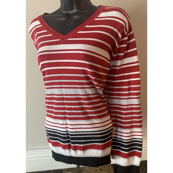 Women's Liz Clairborne Long Sleeve Red Black White Pullover V-Neck Sweater - Picture 2 of 6